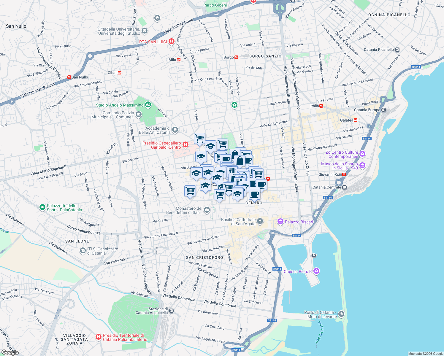 map of restaurants, bars, coffee shops, grocery stores, and more near in Catania