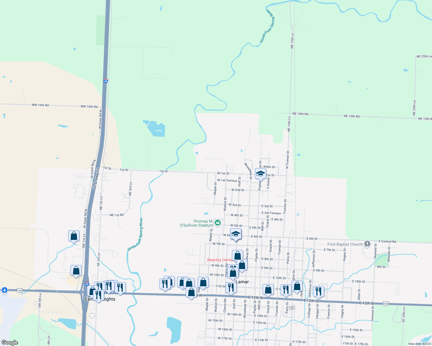 map of restaurants, bars, coffee shops, grocery stores, and more near 399 W 1st St in Lamar