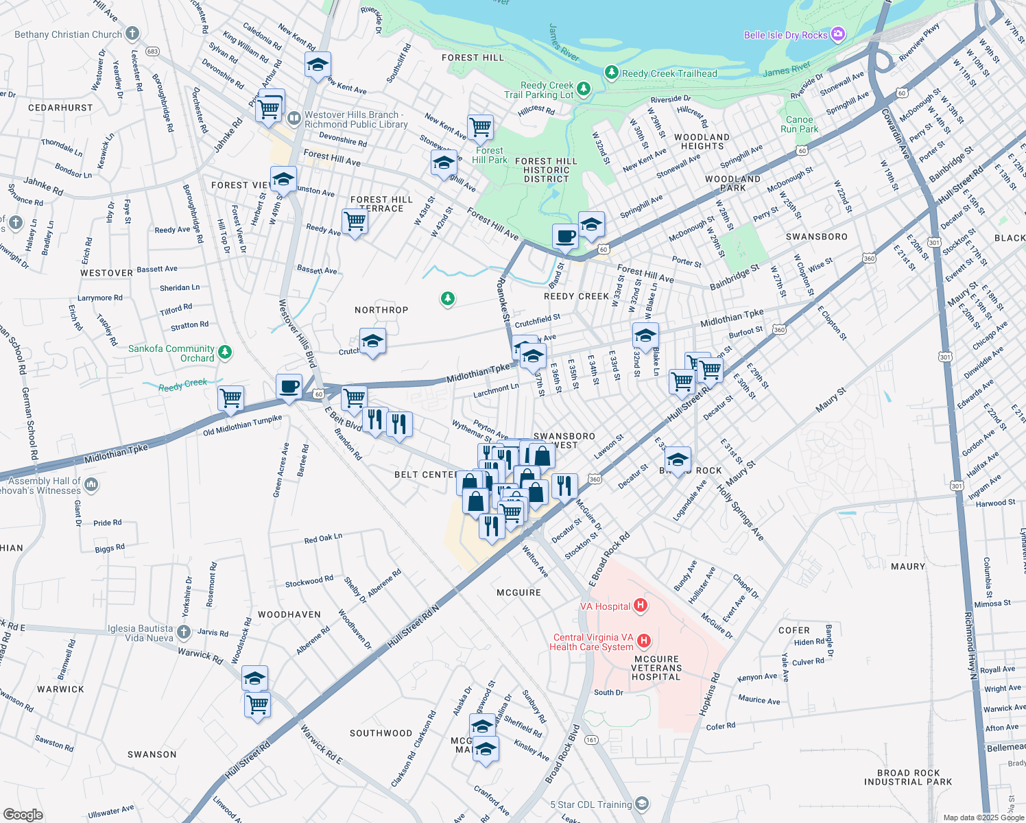 map of restaurants, bars, coffee shops, grocery stores, and more near 114 E Roanoke St in Richmond