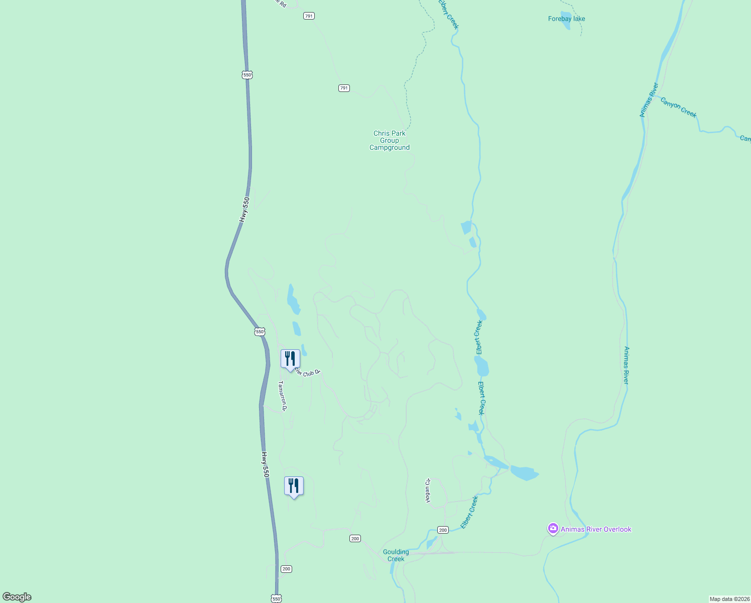 map of restaurants, bars, coffee shops, grocery stores, and more near 39 Glacier Pointe in Durango