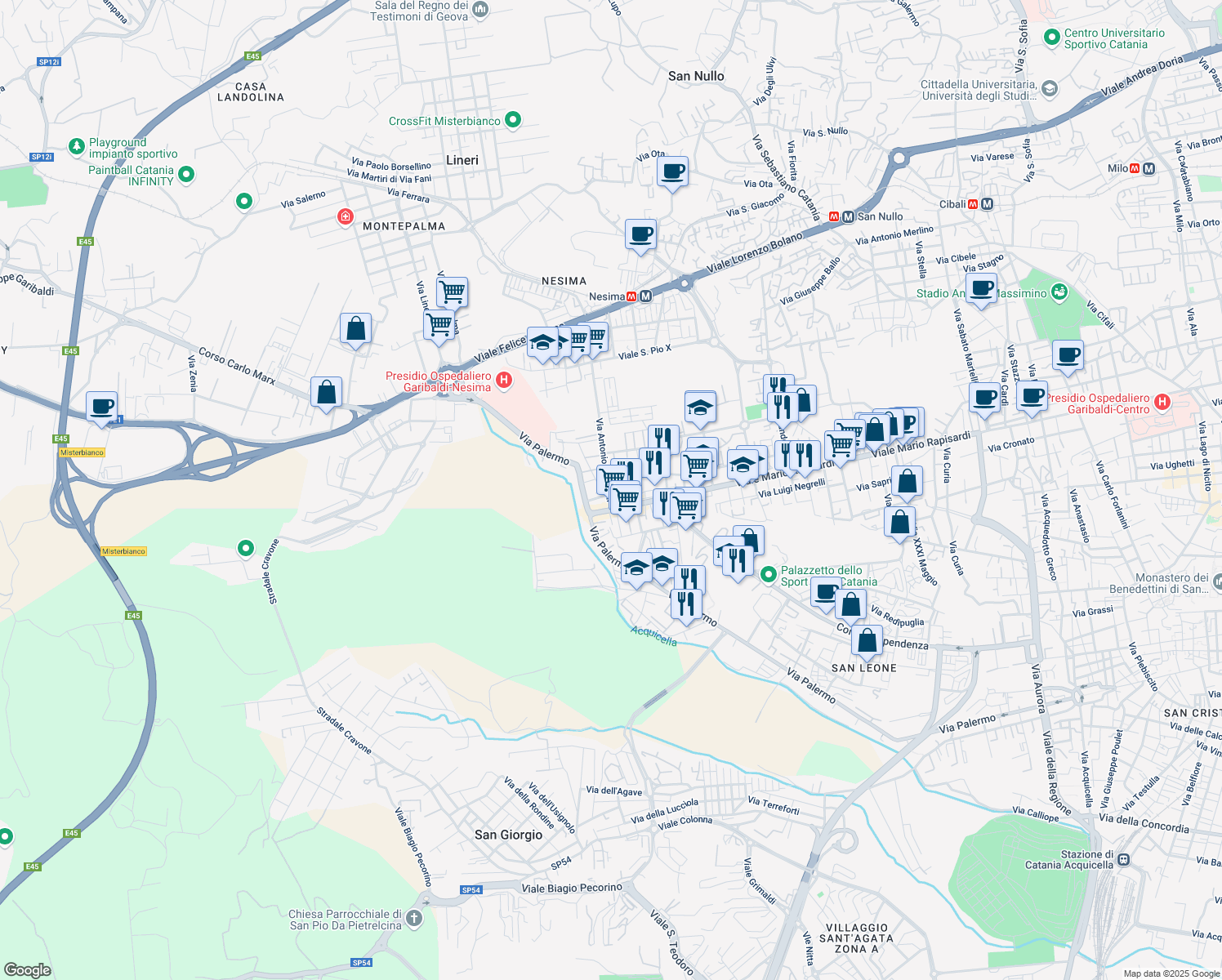 map of restaurants, bars, coffee shops, grocery stores, and more near 6 Via Antonio Pacinotti in Catania