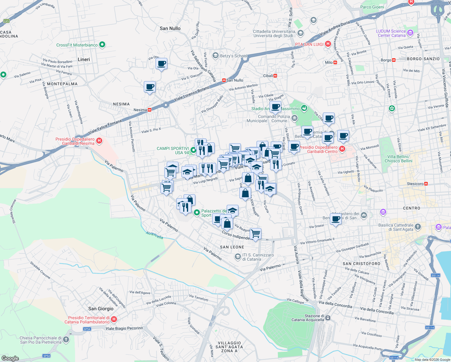 map of restaurants, bars, coffee shops, grocery stores, and more near 5 Via Enrico Toti in Catania