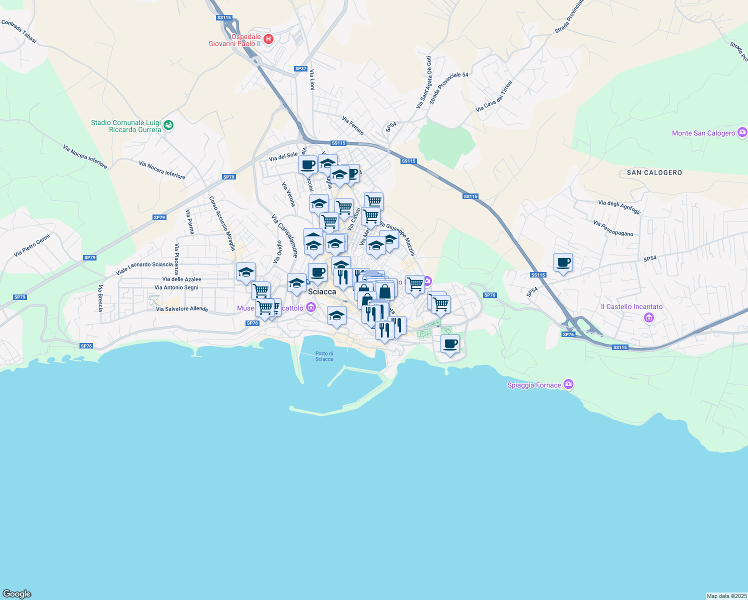map of restaurants, bars, coffee shops, grocery stores, and more near 9 Piazza Giacomo Matteotti in Sciacca