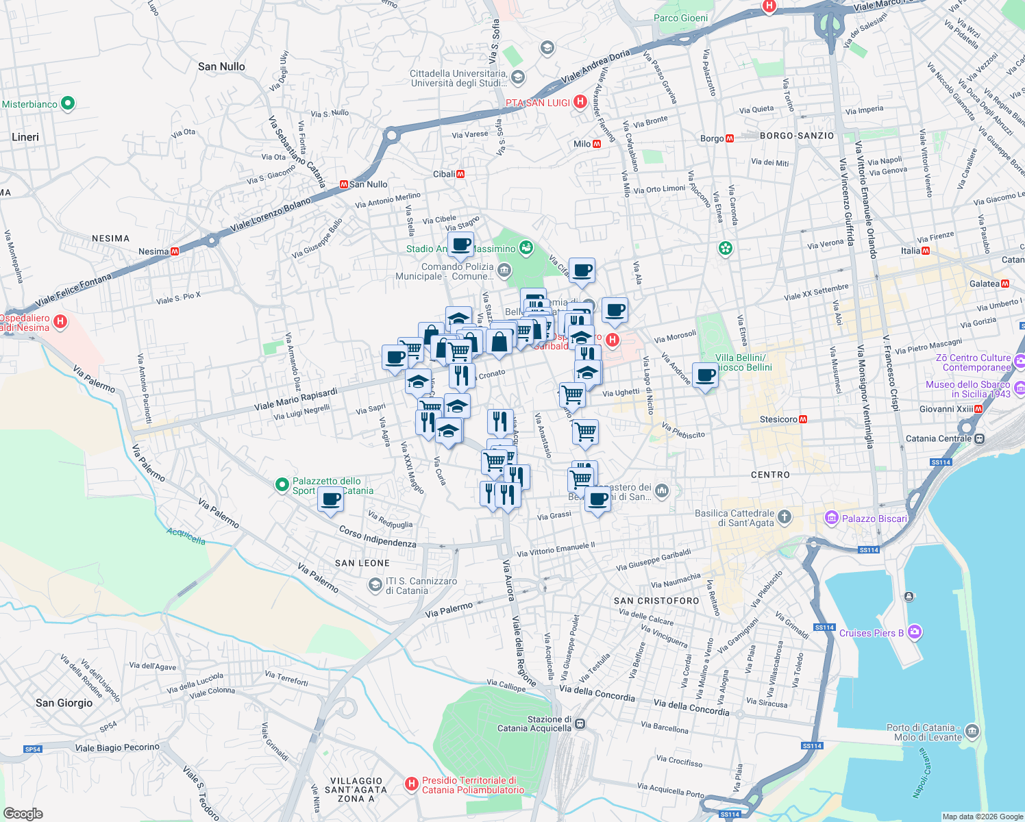map of restaurants, bars, coffee shops, grocery stores, and more near 219 Via Acquedotto Greco in Catania