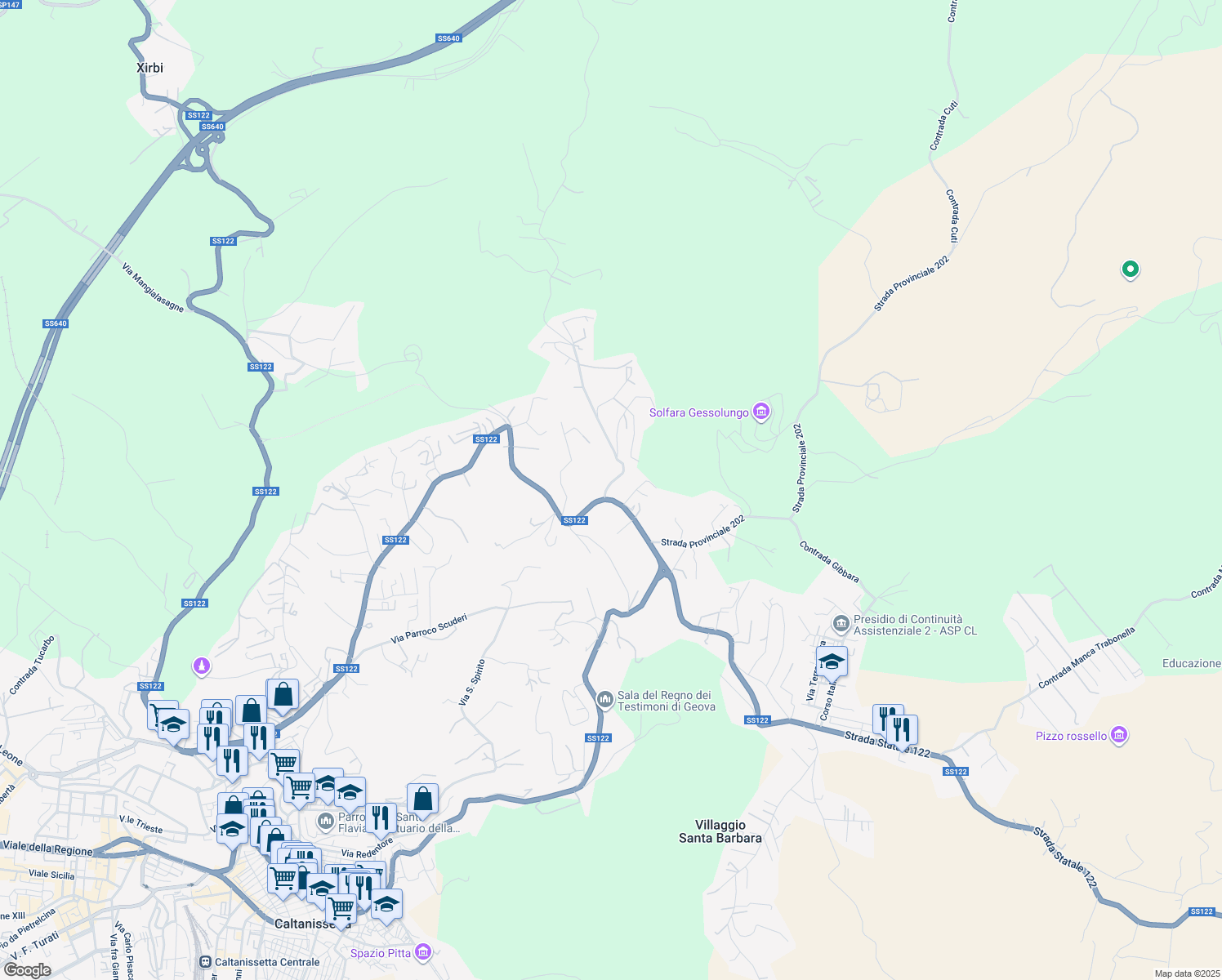 map of restaurants, bars, coffee shops, grocery stores, and more near Strada Statale 122bis in Caltanissetta