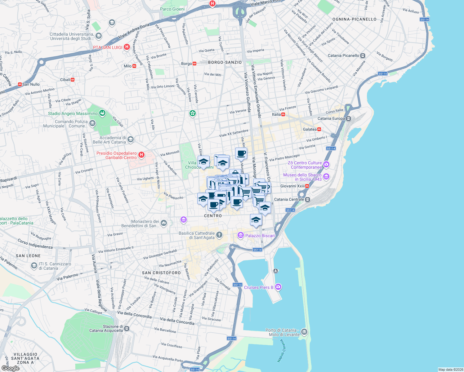 map of restaurants, bars, coffee shops, grocery stores, and more near 91 C. Sicilia in Catania