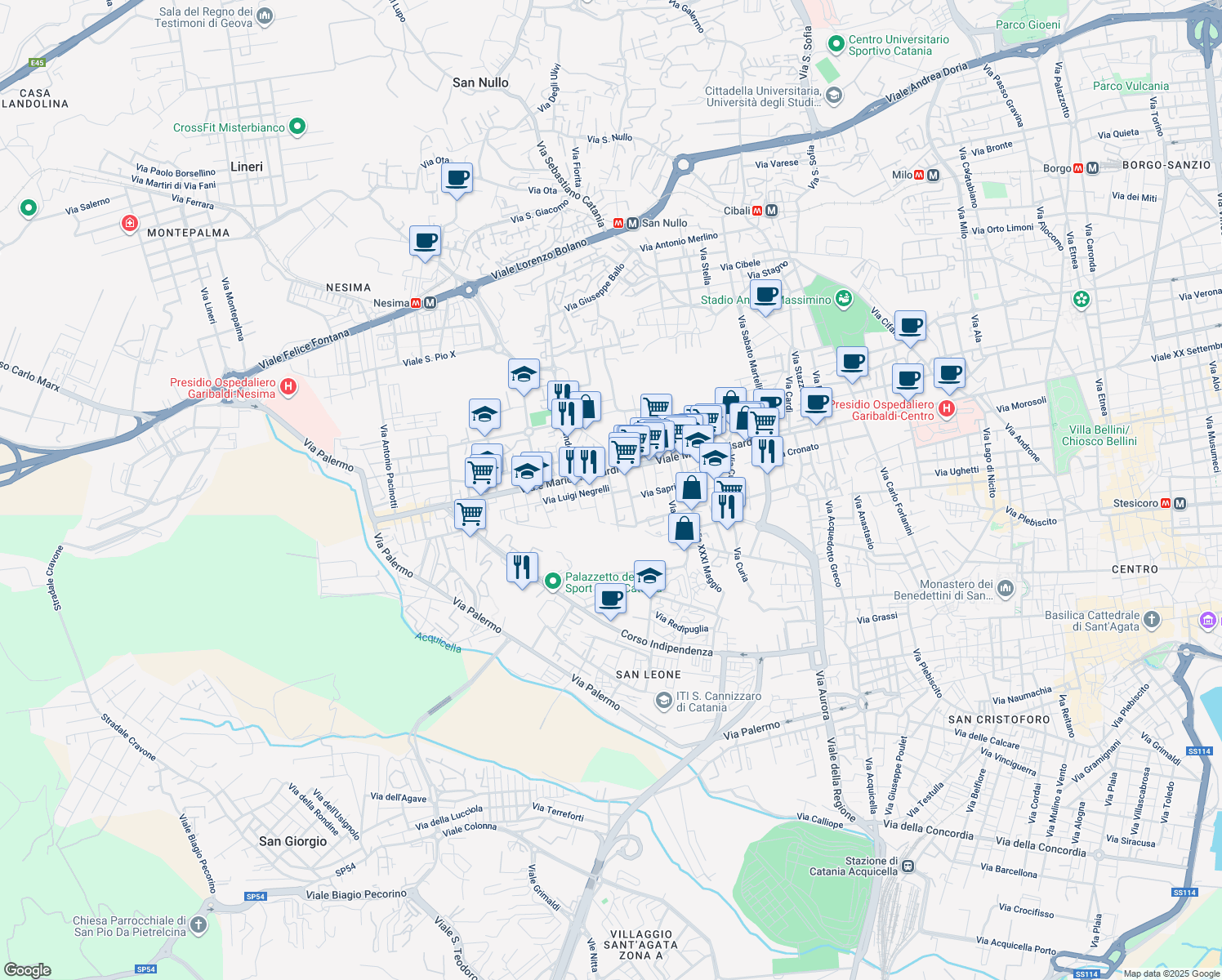 map of restaurants, bars, coffee shops, grocery stores, and more near 2 Via Federico Confalonieri in Catania