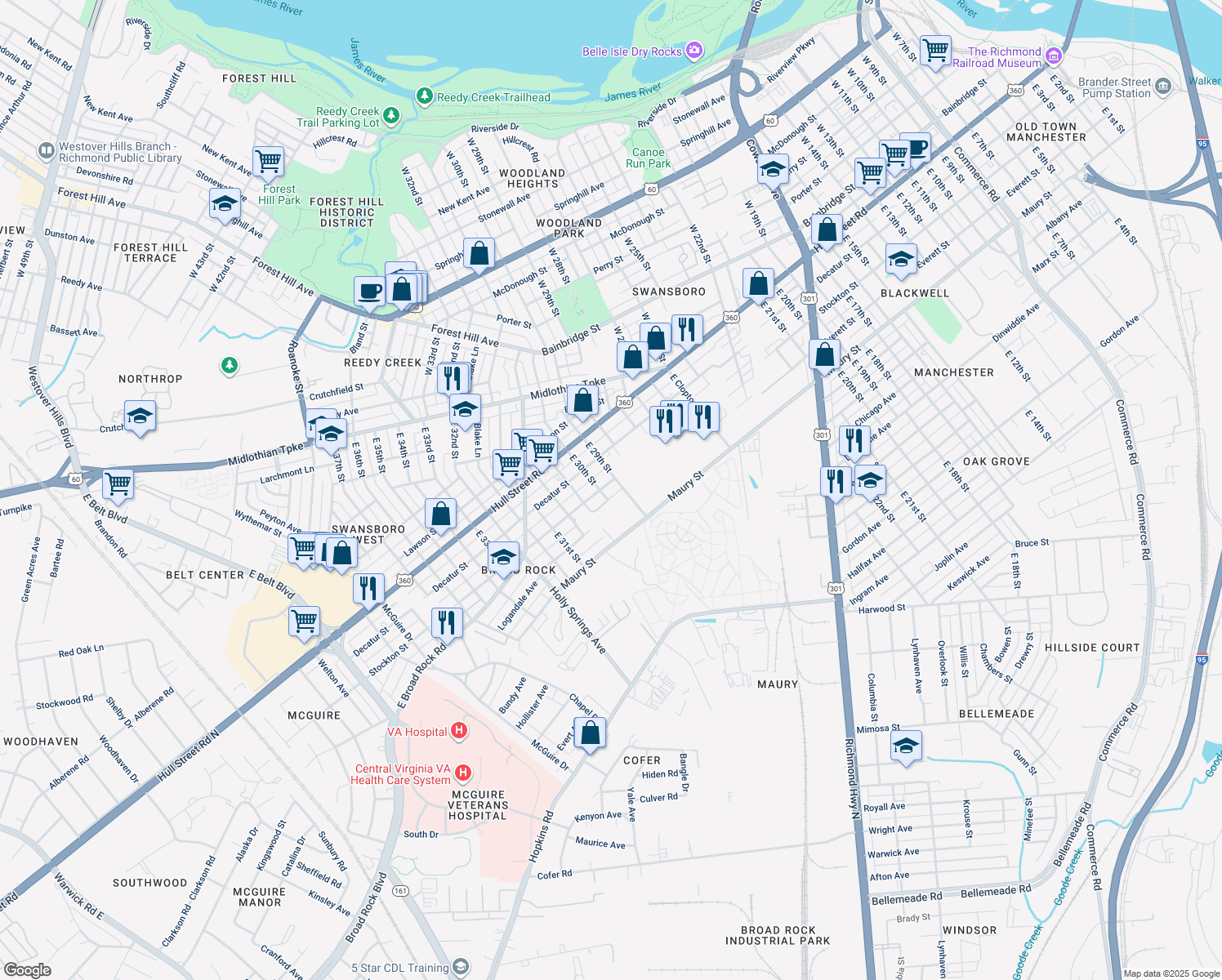 map of restaurants, bars, coffee shops, grocery stores, and more near 2906 Stockton Street in Richmond