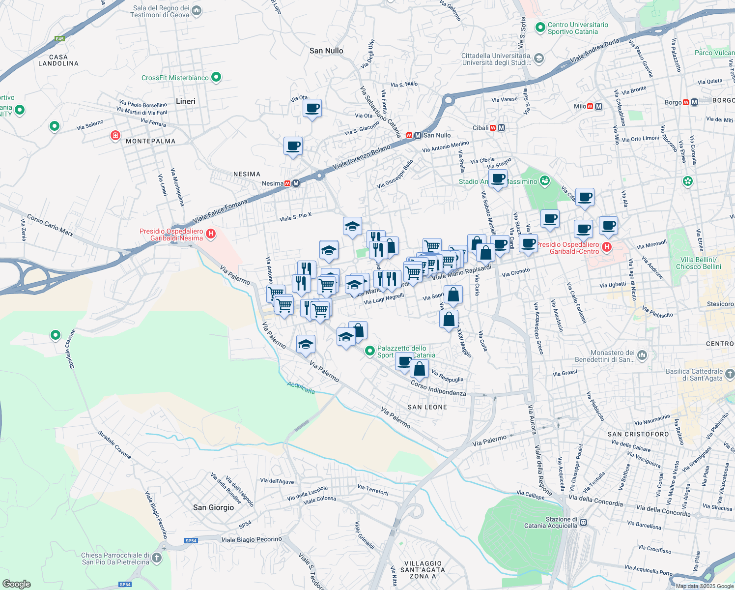 map of restaurants, bars, coffee shops, grocery stores, and more near 3 Via Paolo Lioy in Catania