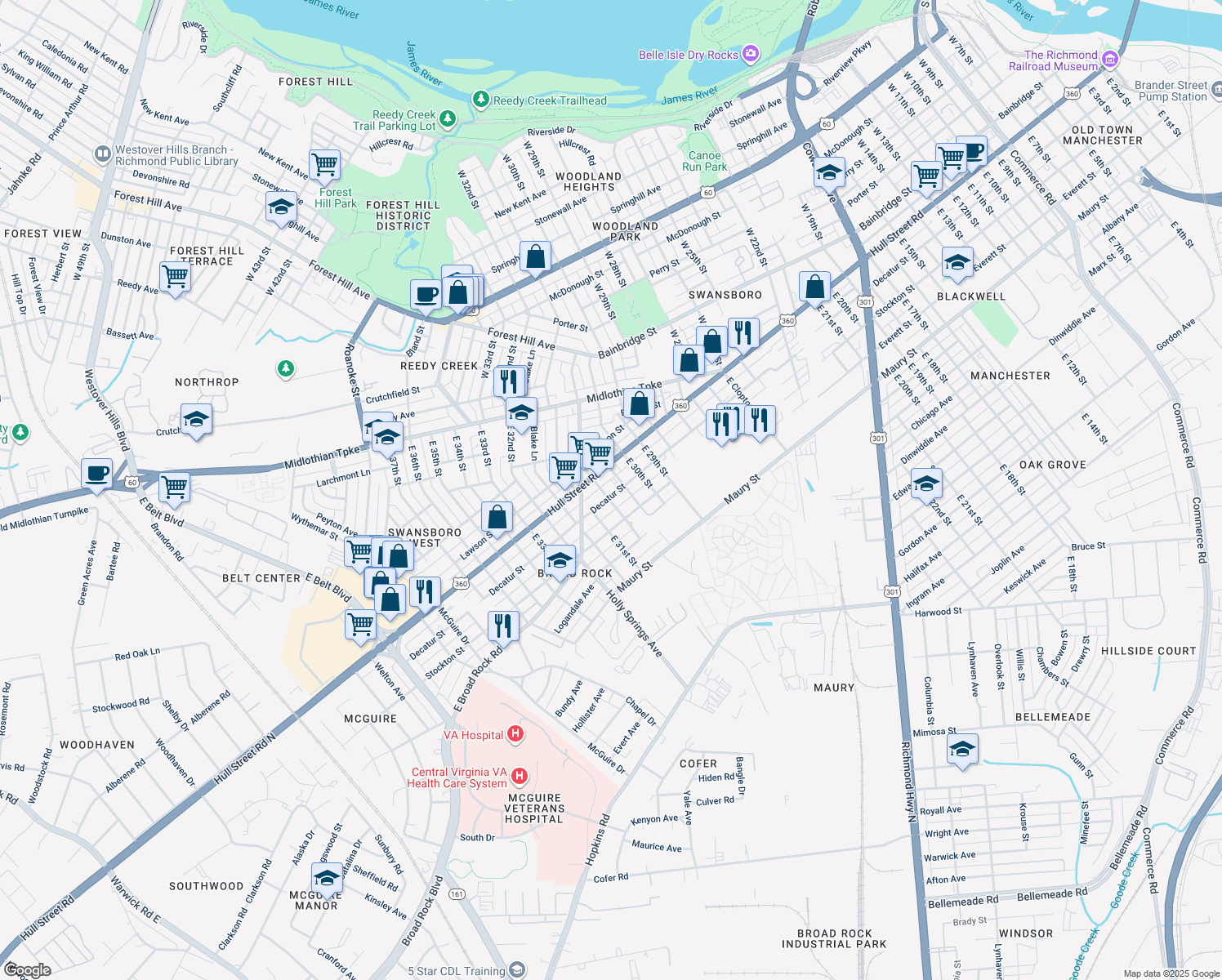 map of restaurants, bars, coffee shops, grocery stores, and more near 3059 Decatur Street in Richmond