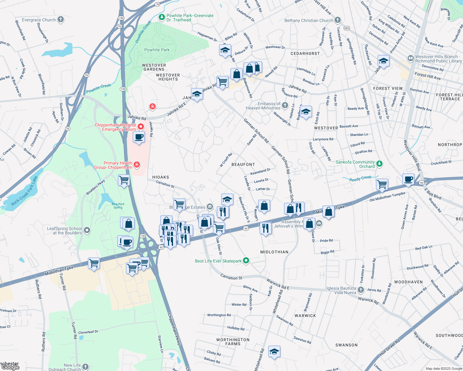 map of restaurants, bars, coffee shops, grocery stores, and more near 407 Beaufont Hills Drive in Richmond