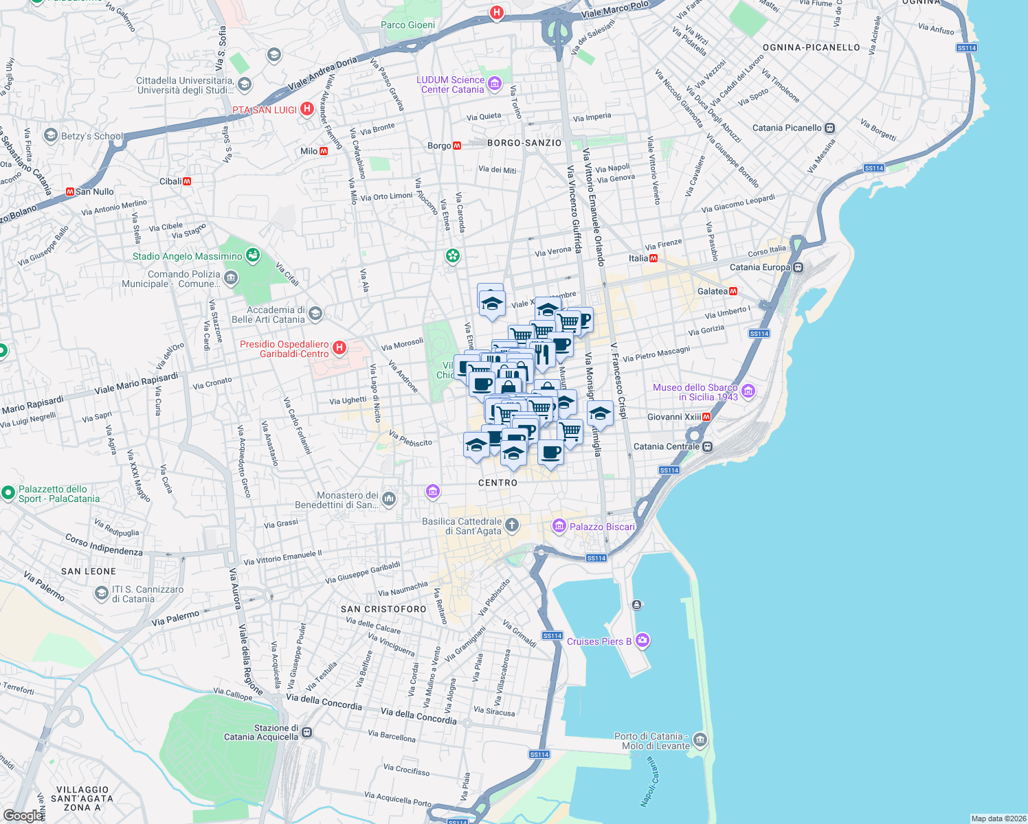 map of restaurants, bars, coffee shops, grocery stores, and more near 44-47 Piazza Carlo Alberto in Catania