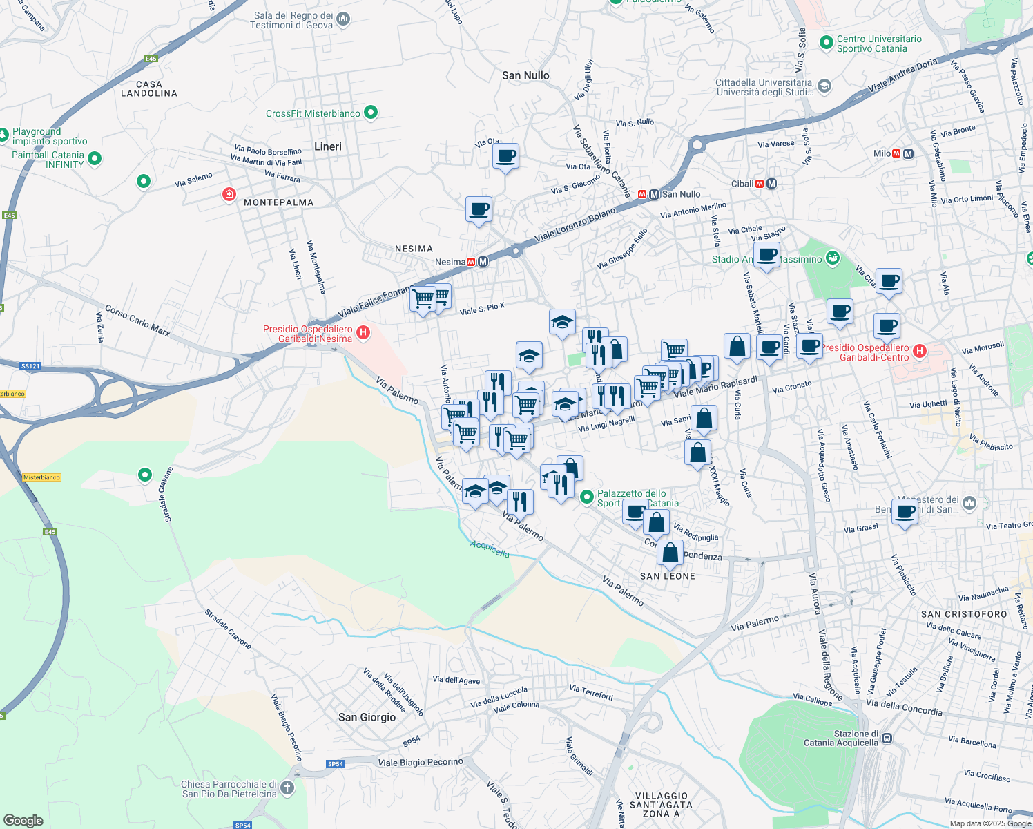 map of restaurants, bars, coffee shops, grocery stores, and more near Via Giacomo Pagliari in Catania