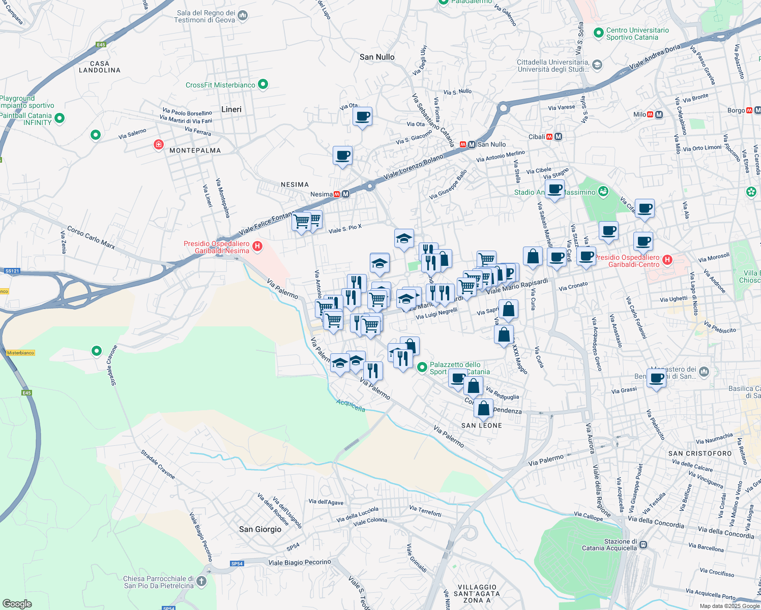 map of restaurants, bars, coffee shops, grocery stores, and more near Via Giacomo Pagliari in Catania