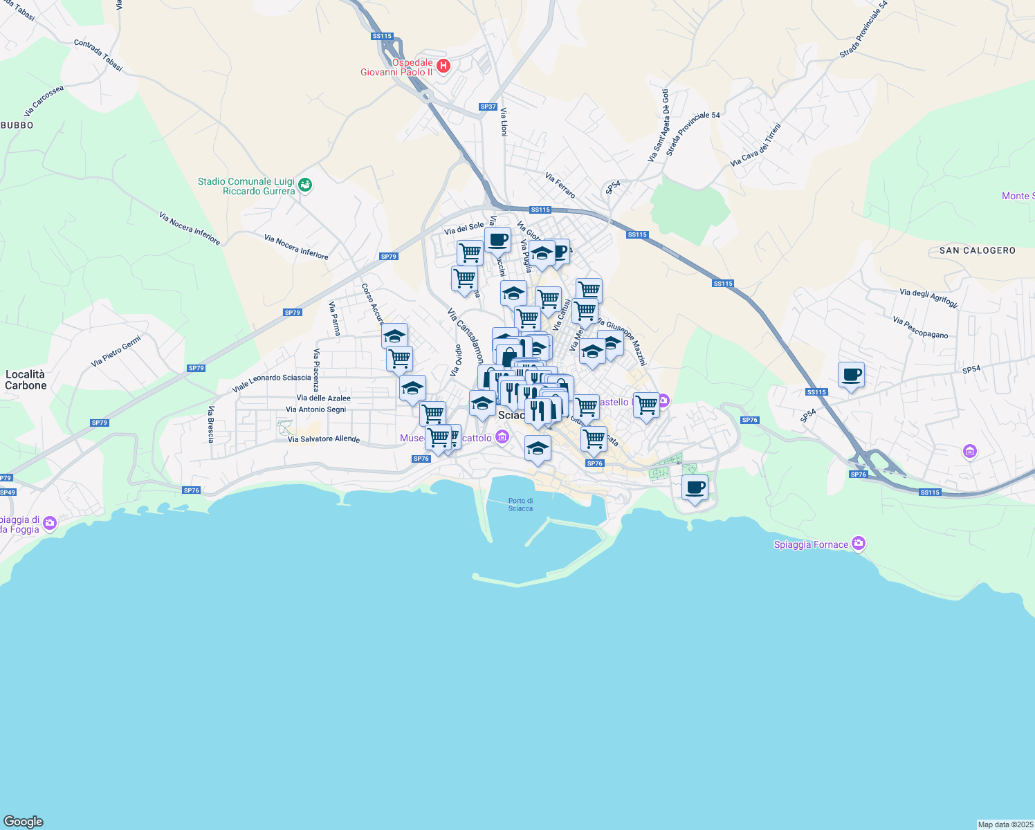 map of restaurants, bars, coffee shops, grocery stores, and more near 1/A Via Mori in Sciacca