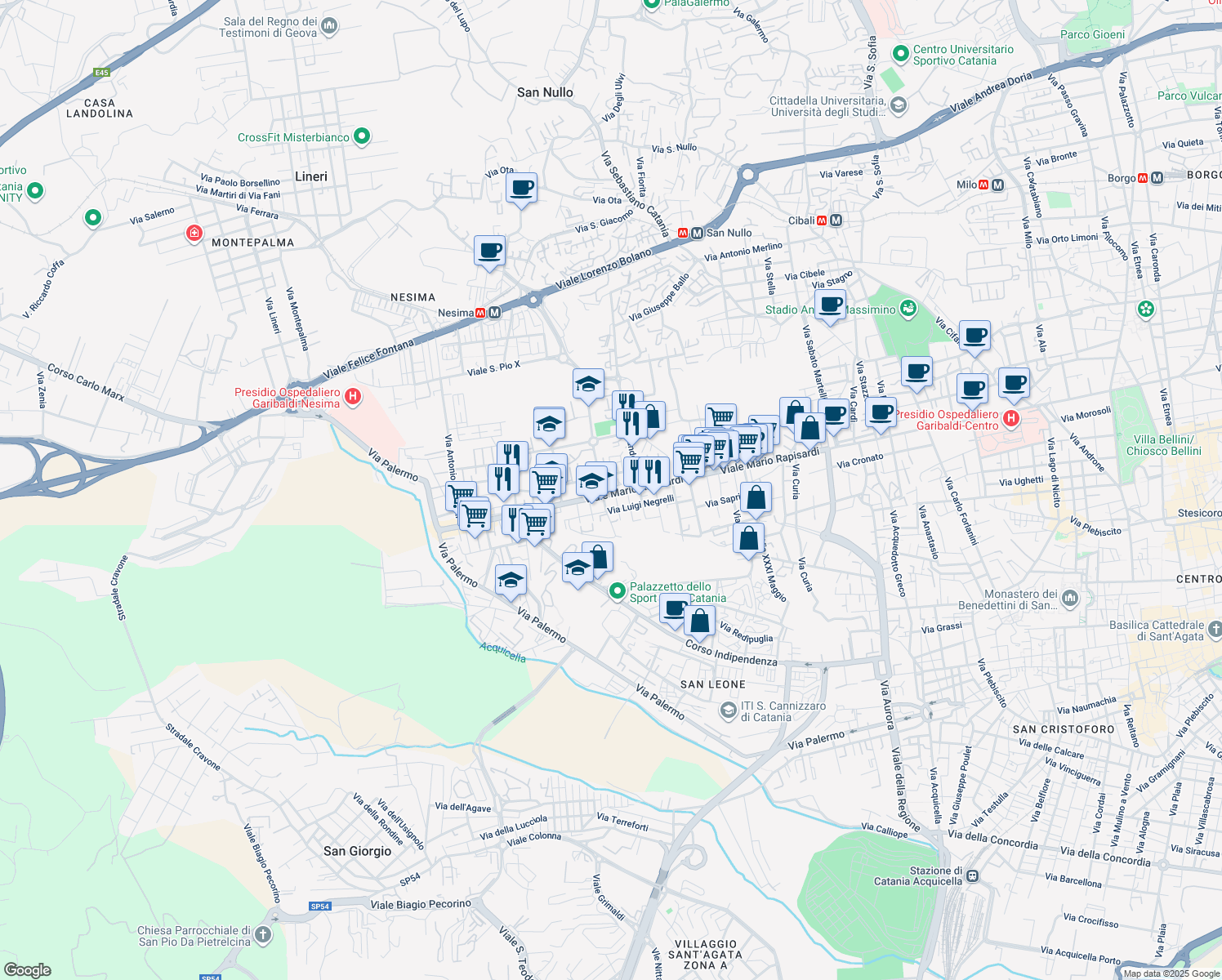 map of restaurants, bars, coffee shops, grocery stores, and more near 3 Via Paolo Lioy in Catania