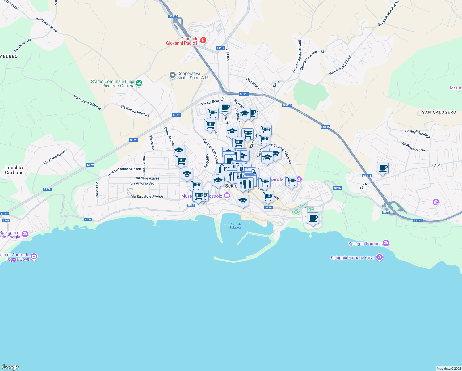 map of restaurants, bars, coffee shops, grocery stores, and more near 1 Via Mori in Sciacca