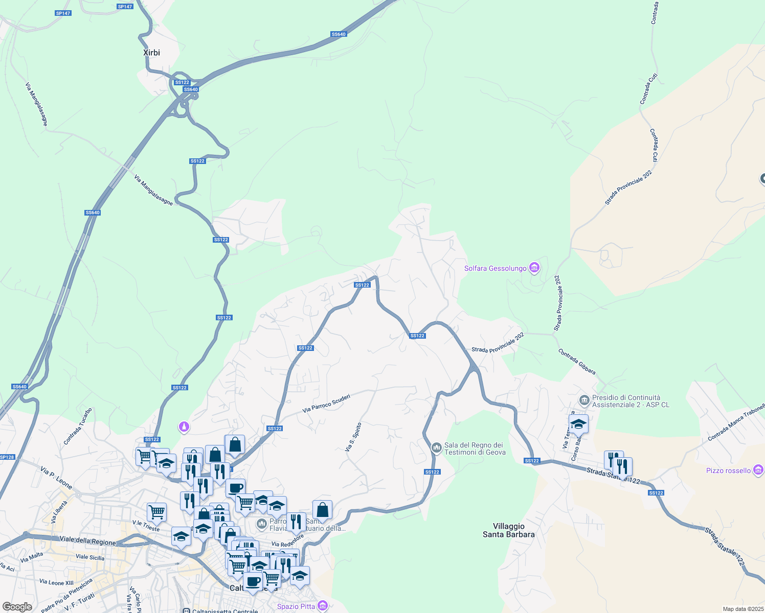 map of restaurants, bars, coffee shops, grocery stores, and more near Strada Statale 122bis in Caltanissetta