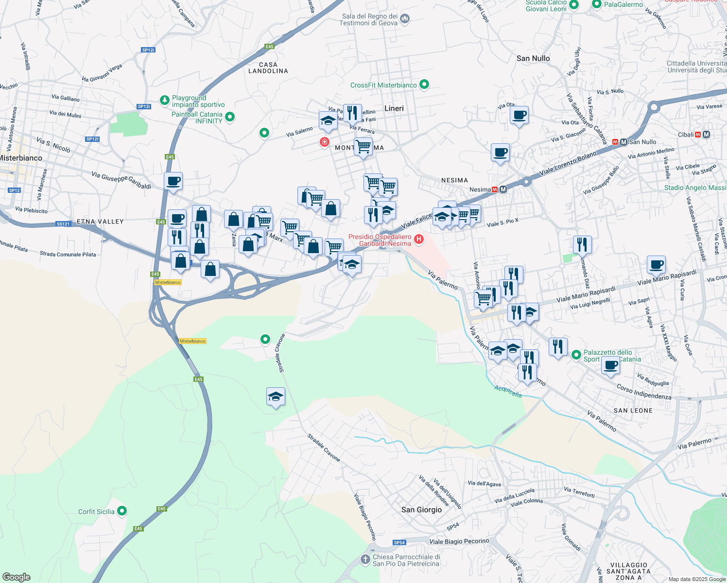 map of restaurants, bars, coffee shops, grocery stores, and more near 276 Via Salvatore Salomone Marino in Catania