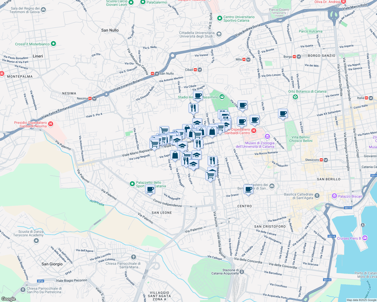 map of restaurants, bars, coffee shops, grocery stores, and more near 160 Via Curia in Catania