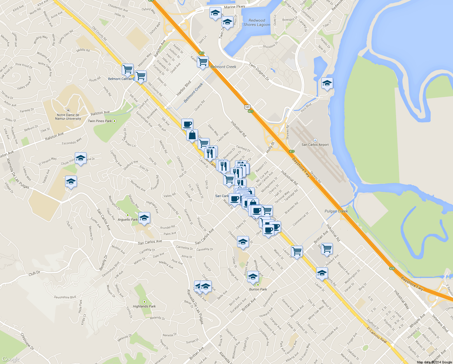 map of restaurants, bars, coffee shops, grocery stores, and more near 1122 Bush Street in San Carlos