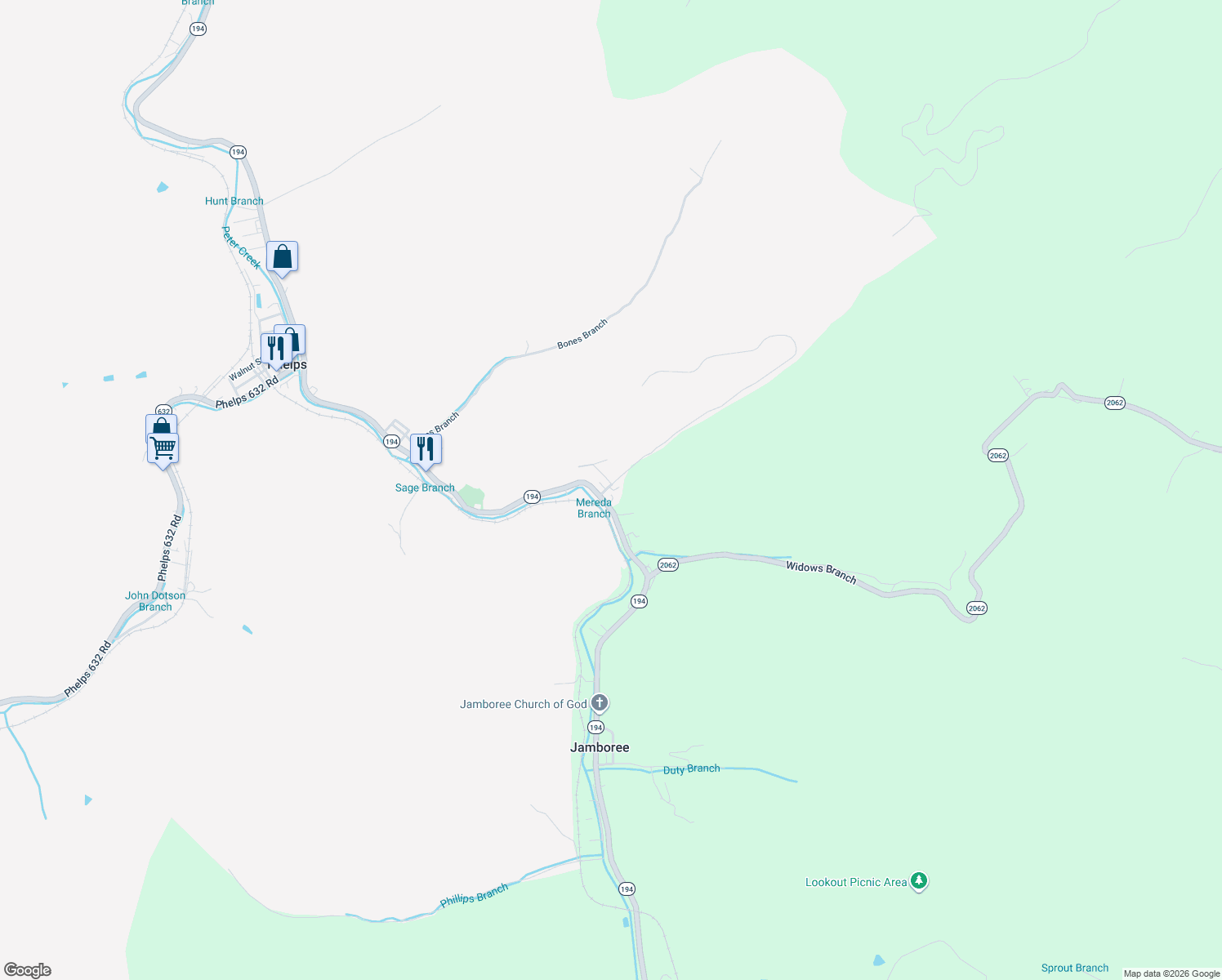 map of restaurants, bars, coffee shops, grocery stores, and more near 1-13 Trailer Park Drive in Phelps