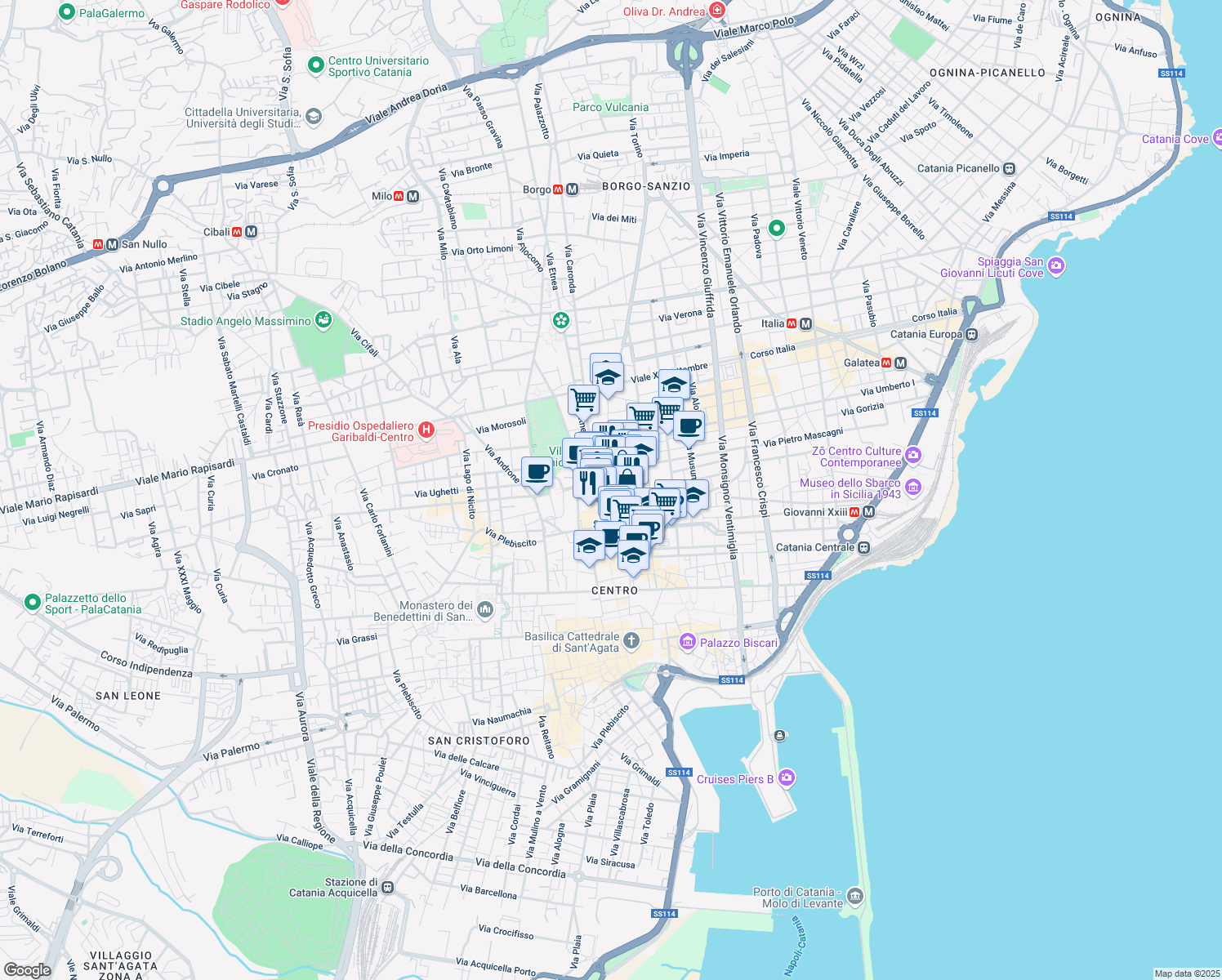 map of restaurants, bars, coffee shops, grocery stores, and more near 1 Via Al Carmine in Catania