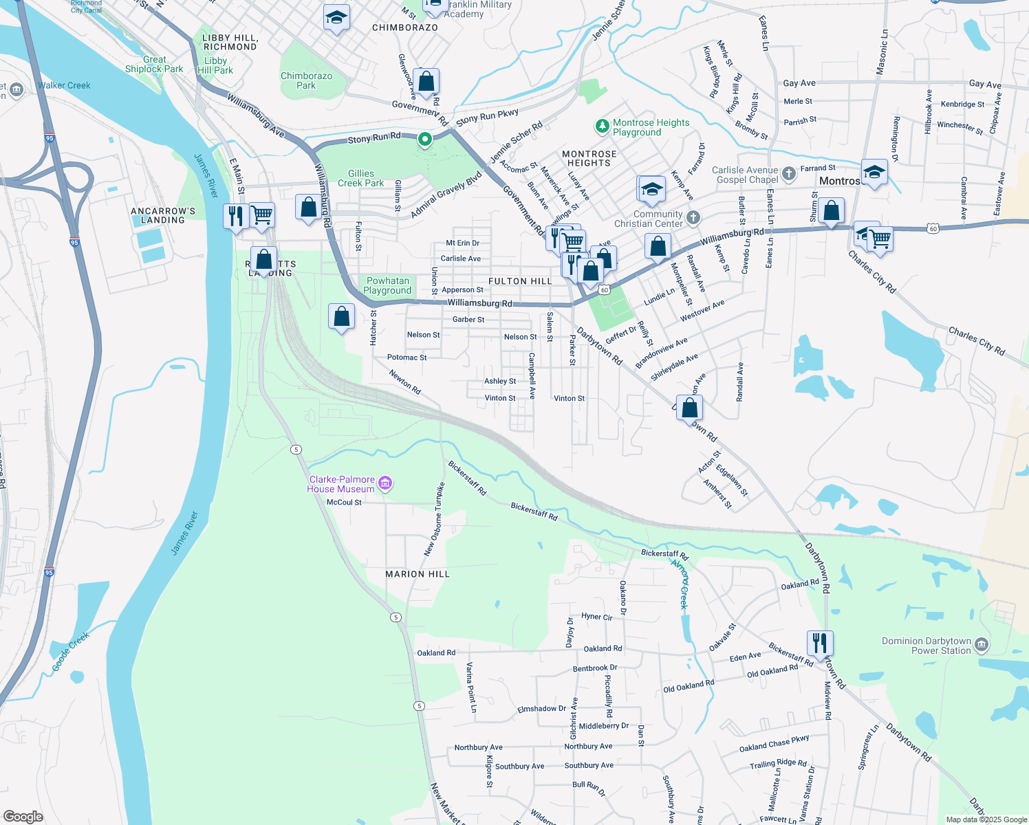map of restaurants, bars, coffee shops, grocery stores, and more near 5508 Simpson Avenue in Richmond