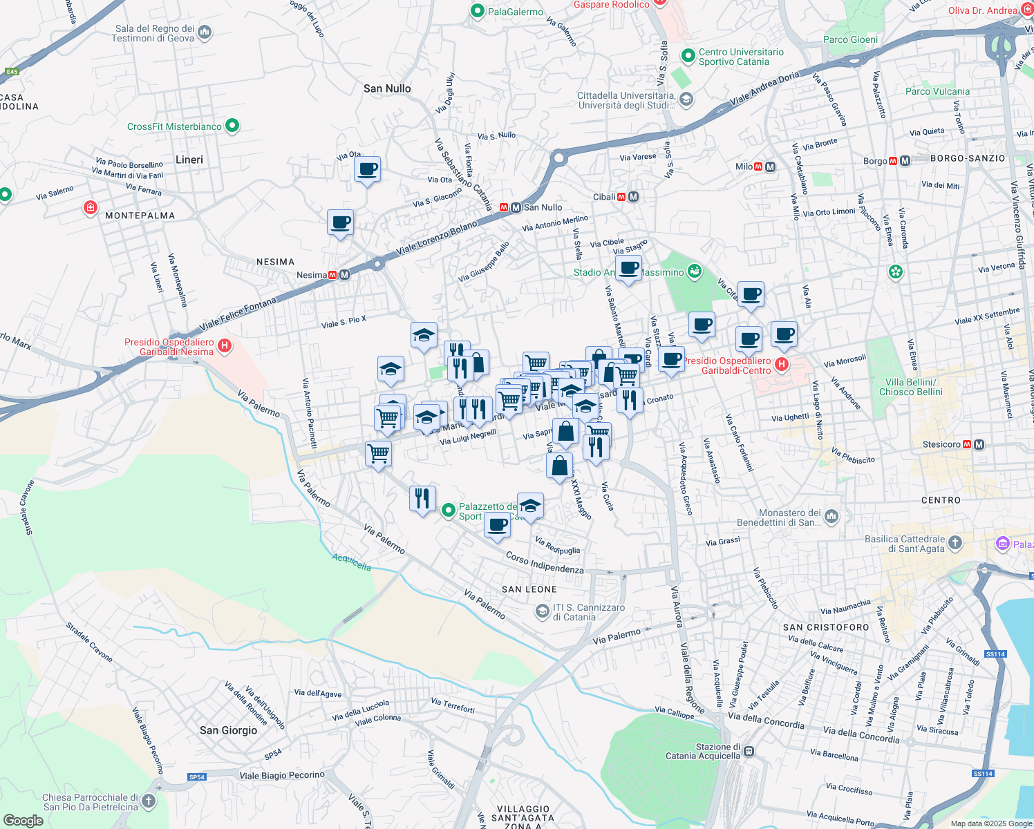 map of restaurants, bars, coffee shops, grocery stores, and more near 2 Via Federico Confalonieri in Catania