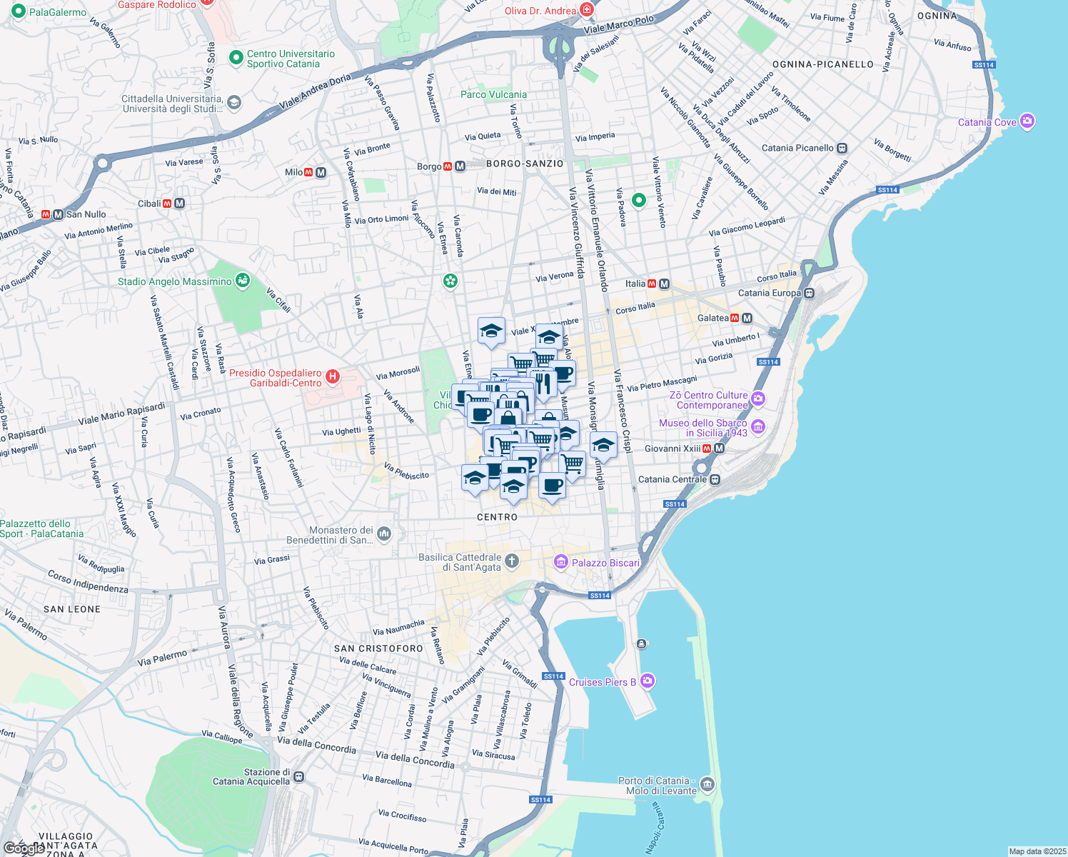 map of restaurants, bars, coffee shops, grocery stores, and more near 47 Piazza Carlo Alberto in Catania