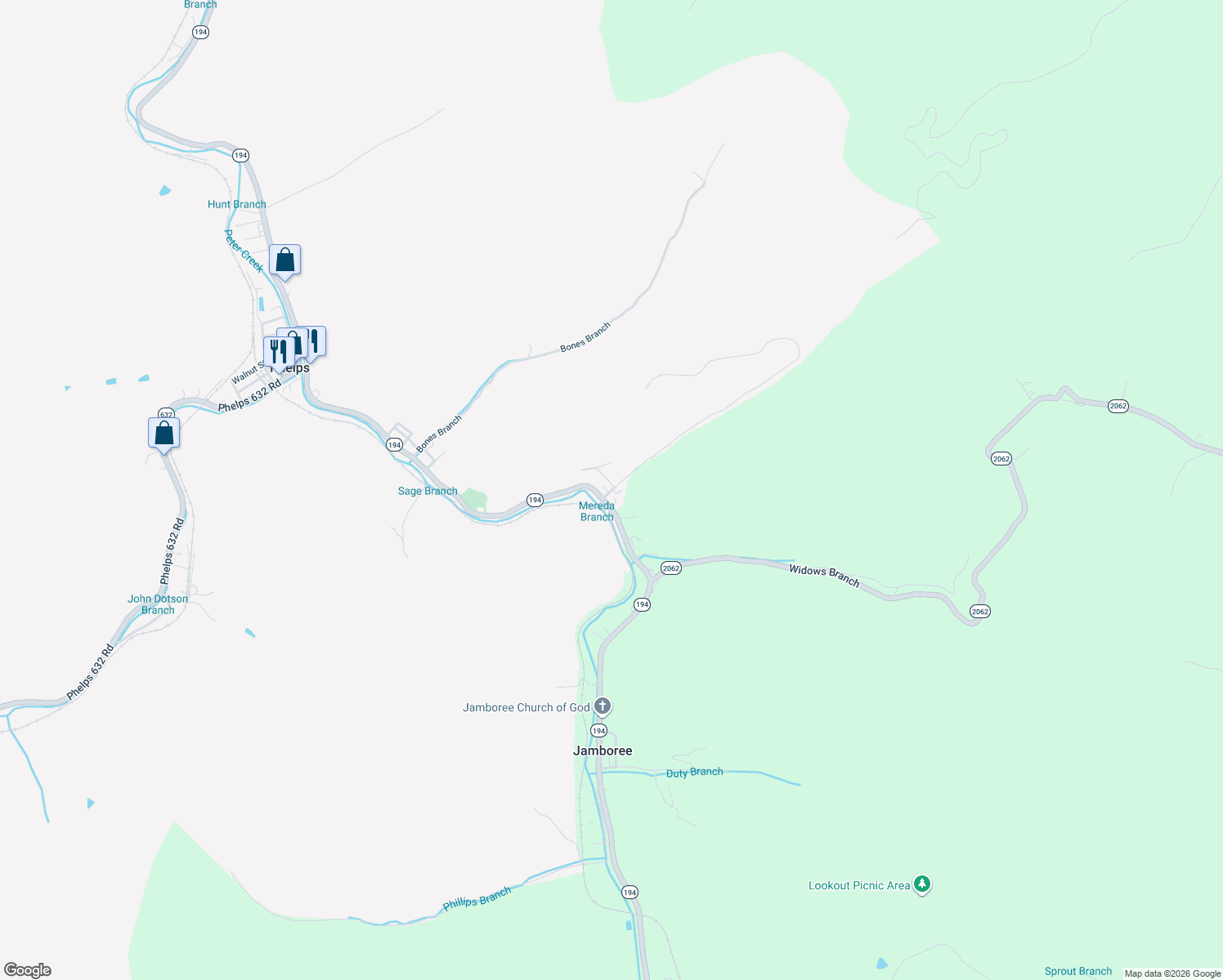 map of restaurants, bars, coffee shops, grocery stores, and more near 55 Mereda Branch in Phelps