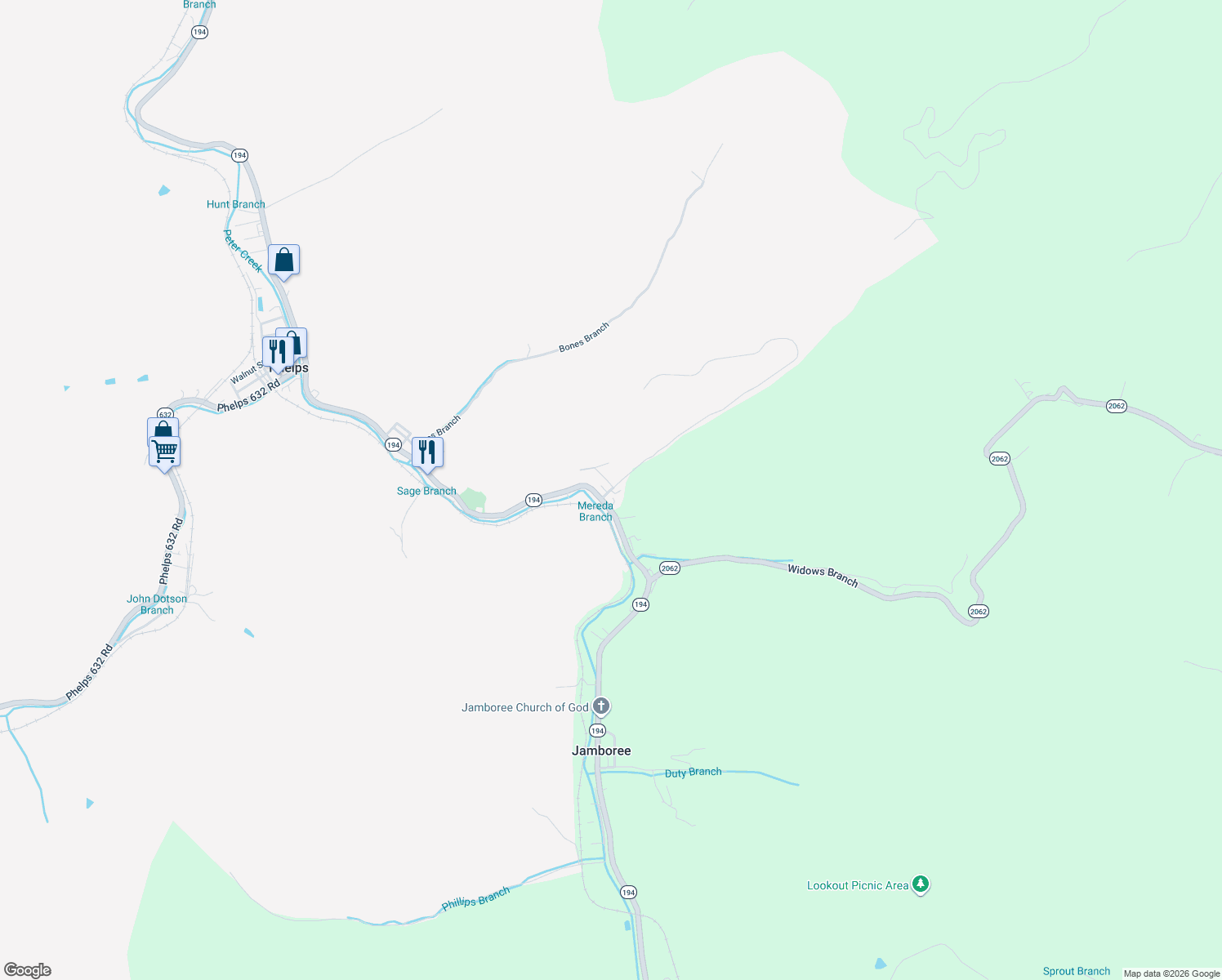 map of restaurants, bars, coffee shops, grocery stores, and more near 1 Trailer Park Drive in Phelps