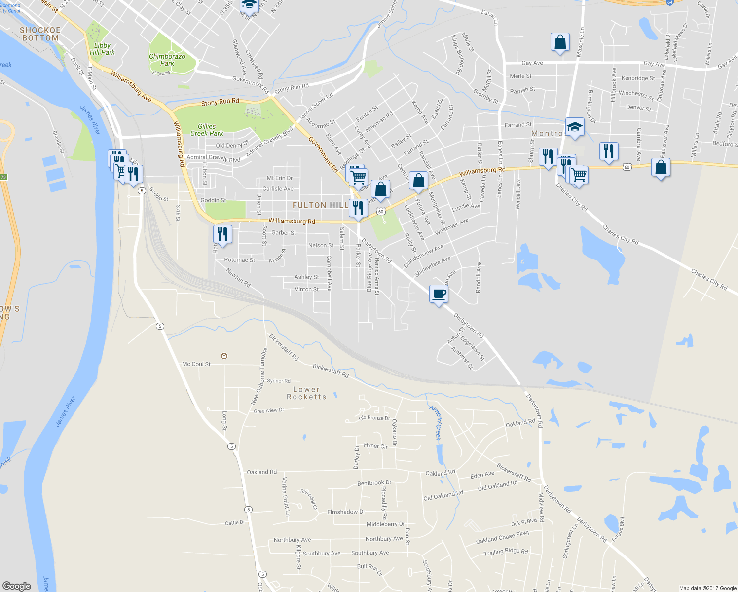 map of restaurants, bars, coffee shops, grocery stores, and more near 5421 Blueridge Avenue in Richmond