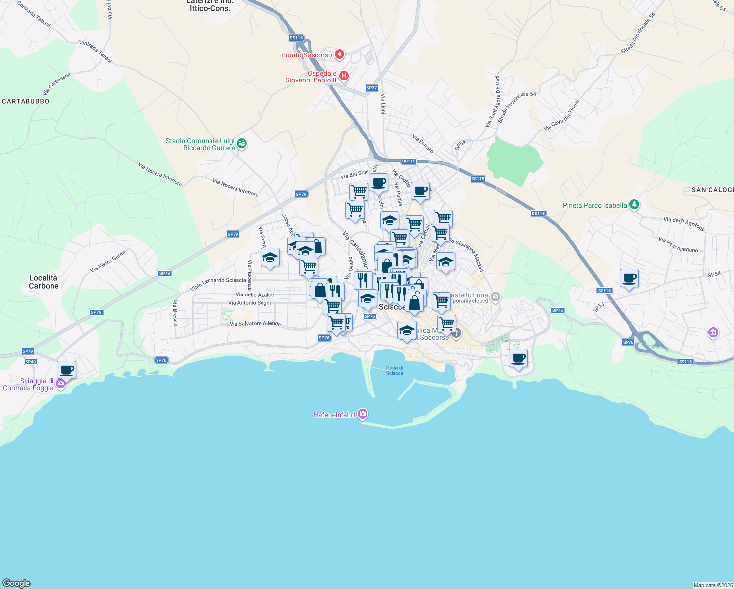 map of restaurants, bars, coffee shops, grocery stores, and more near Via Orti San Salvatore in Sciacca