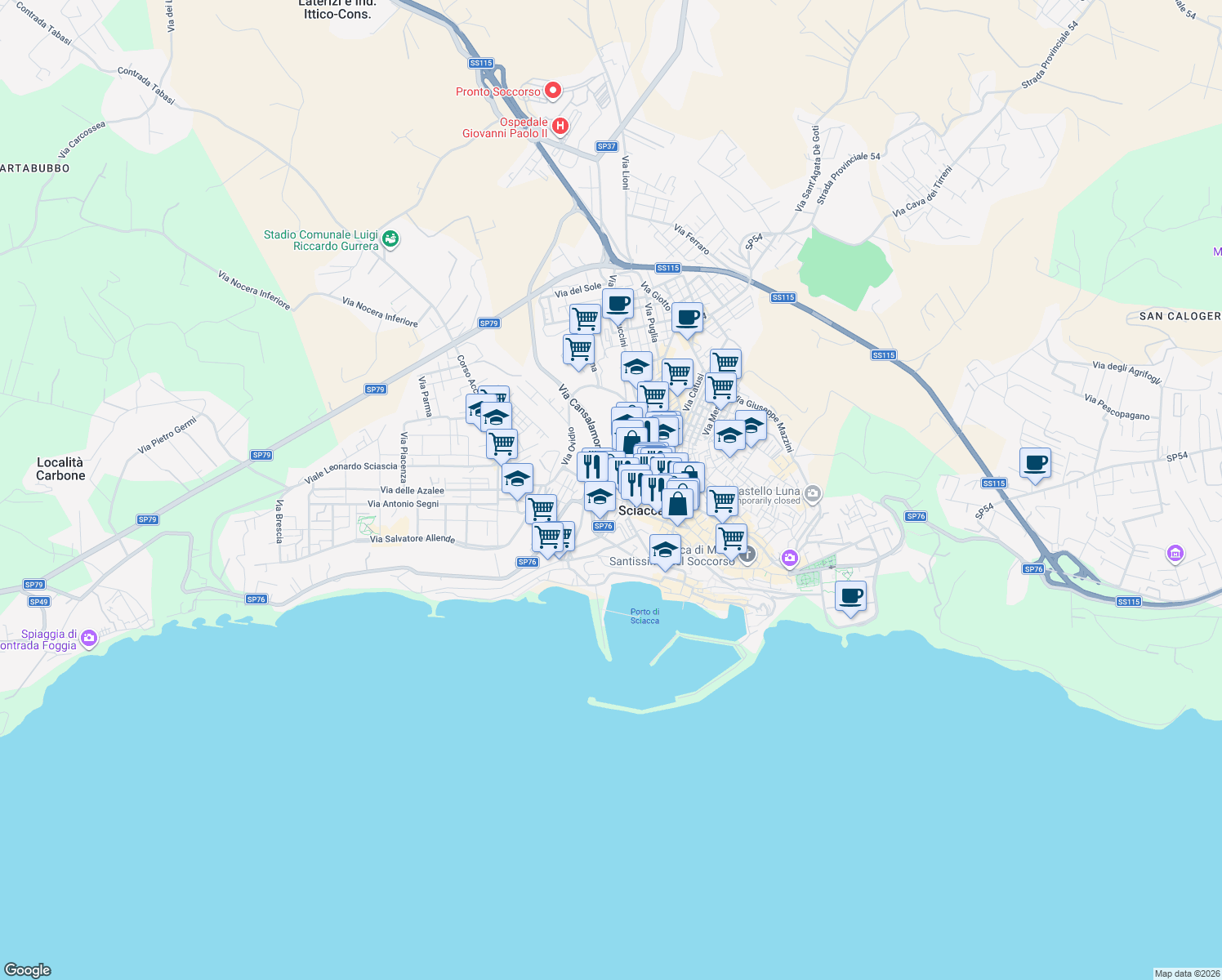 map of restaurants, bars, coffee shops, grocery stores, and more near Via Orti San Salvatore in Sciacca