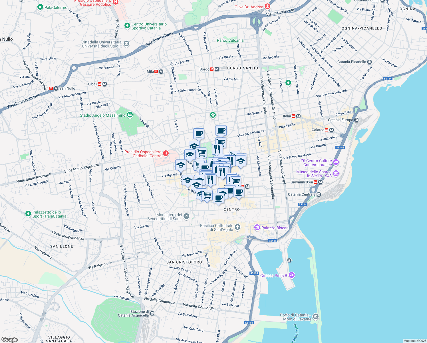 map of restaurants, bars, coffee shops, grocery stores, and more near in Catania