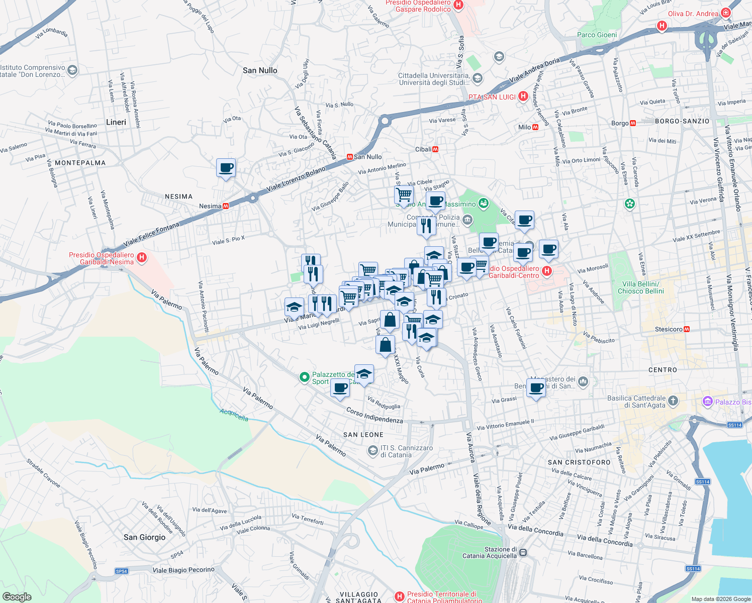 map of restaurants, bars, coffee shops, grocery stores, and more near 284 Viale Mario Rapisardi in Catania