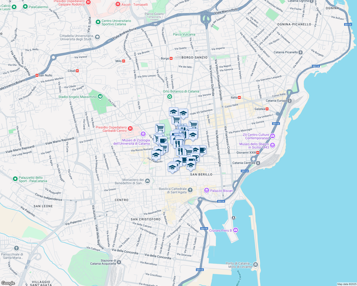 map of restaurants, bars, coffee shops, grocery stores, and more near 197 Via Etnea in Catania