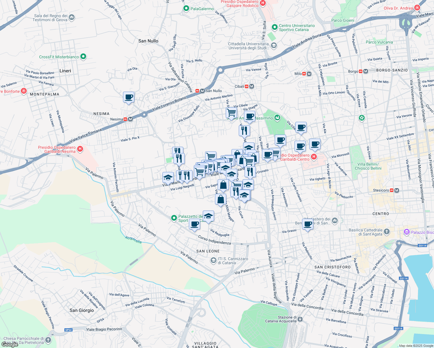 map of restaurants, bars, coffee shops, grocery stores, and more near 284 Viale Mario Rapisardi in Catania