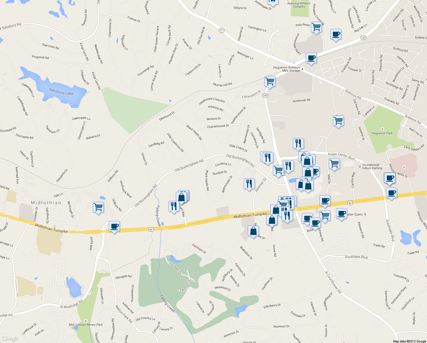 map of restaurants, bars, coffee shops, grocery stores, and more near 12040 Duckbill Drive in Midlothian
