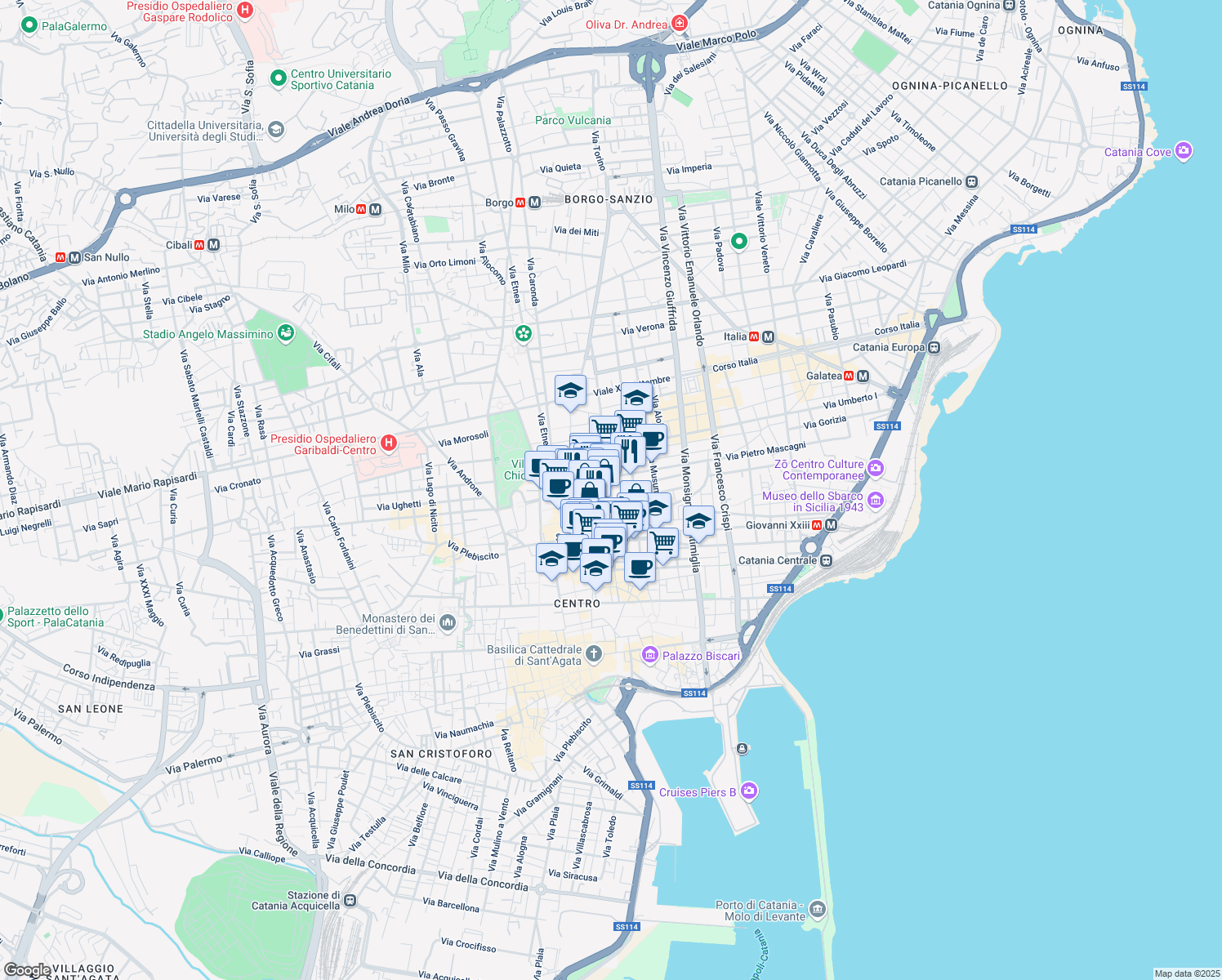 map of restaurants, bars, coffee shops, grocery stores, and more near 44-47 Piazza Carlo Alberto in Catania