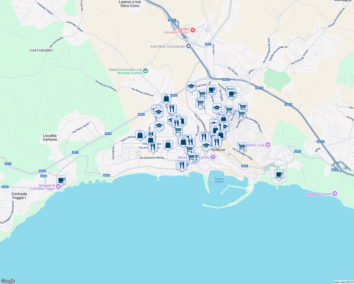 map of restaurants, bars, coffee shops, grocery stores, and more near Via Tiro a Segno in Sciacca
