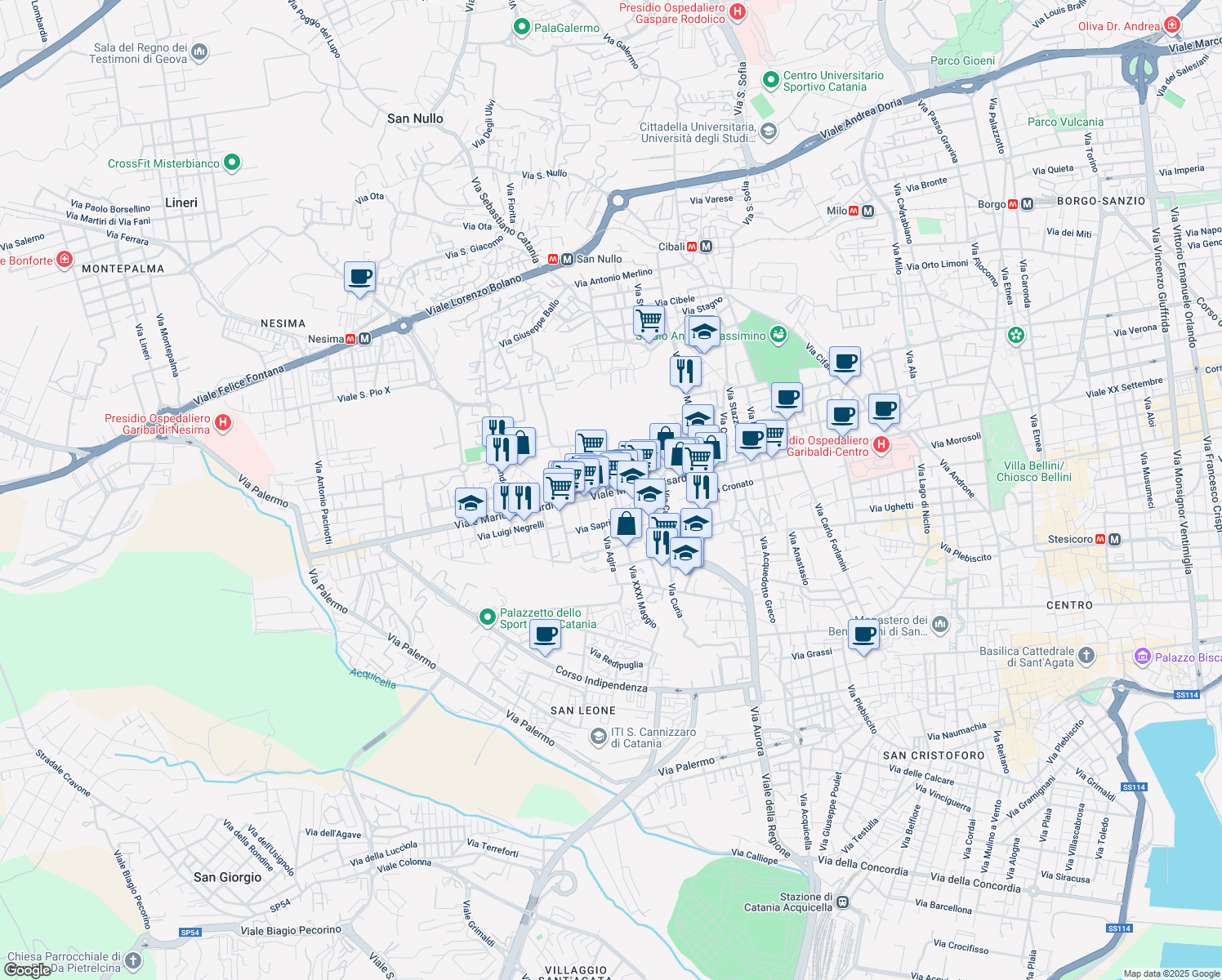 map of restaurants, bars, coffee shops, grocery stores, and more near 284 Viale Mario Rapisardi in Catania