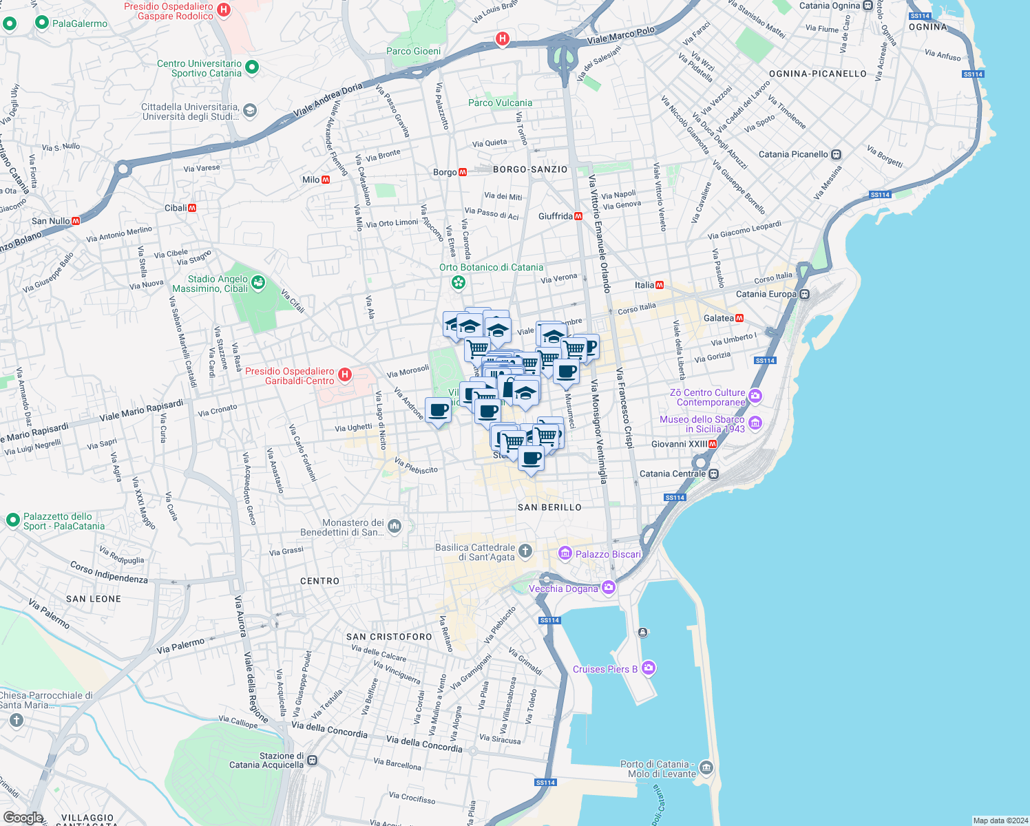 map of restaurants, bars, coffee shops, grocery stores, and more near 1 Via Al Carmine in Catania