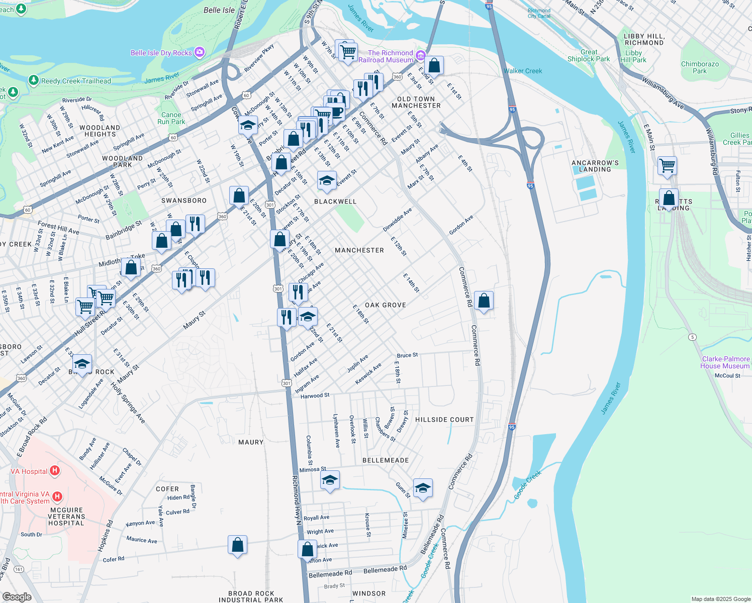 map of restaurants, bars, coffee shops, grocery stores, and more near 1104 East 17th Street in Richmond