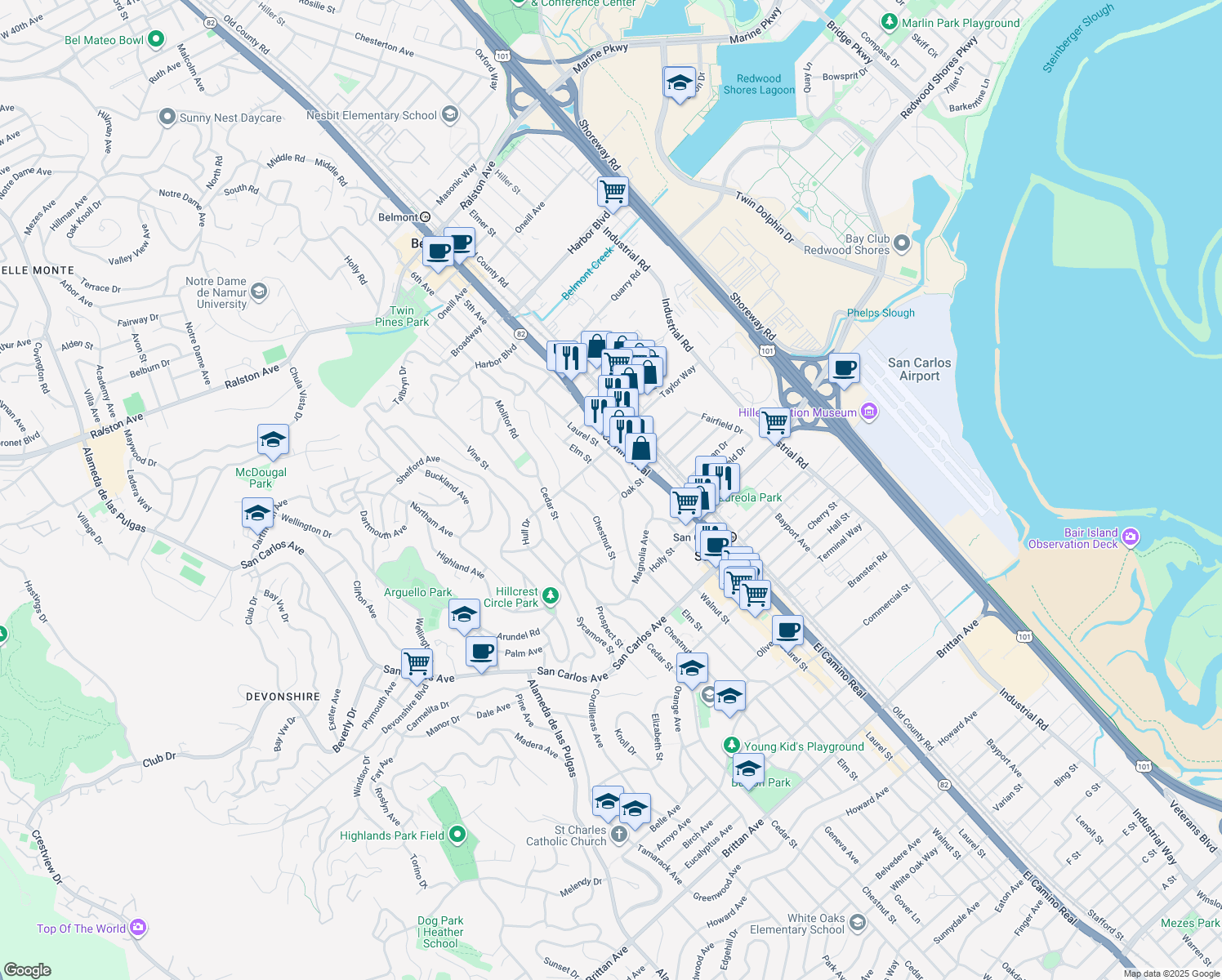 map of restaurants, bars, coffee shops, grocery stores, and more near 180 Elm Street in San Carlos