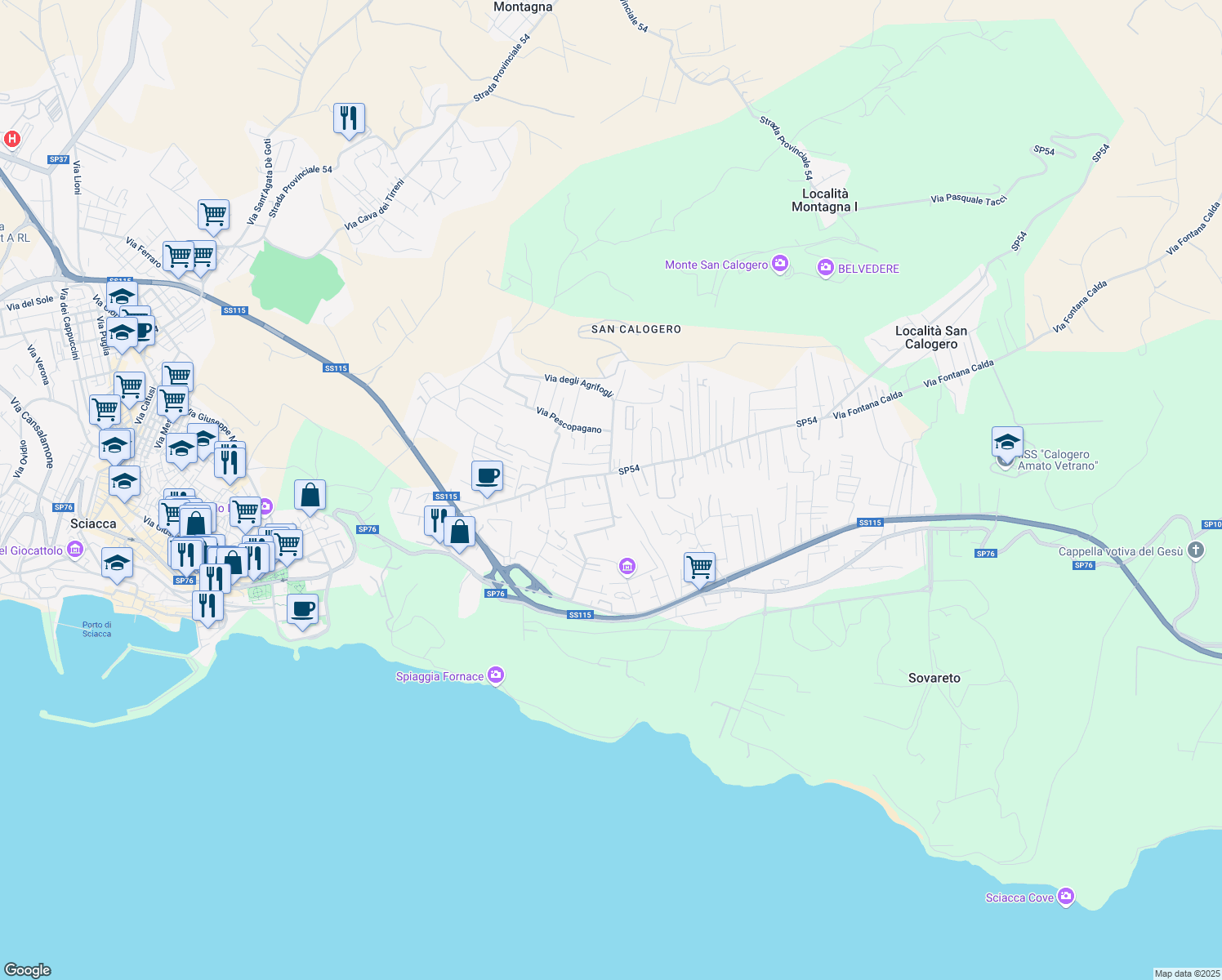 map of restaurants, bars, coffee shops, grocery stores, and more near 2 Via delle Sequoie in Sciacca
