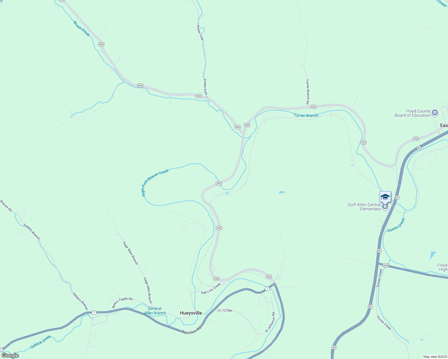 map of restaurants, bars, coffee shops, grocery stores, and more near 2865 Kentucky 550 in Prestonsburg