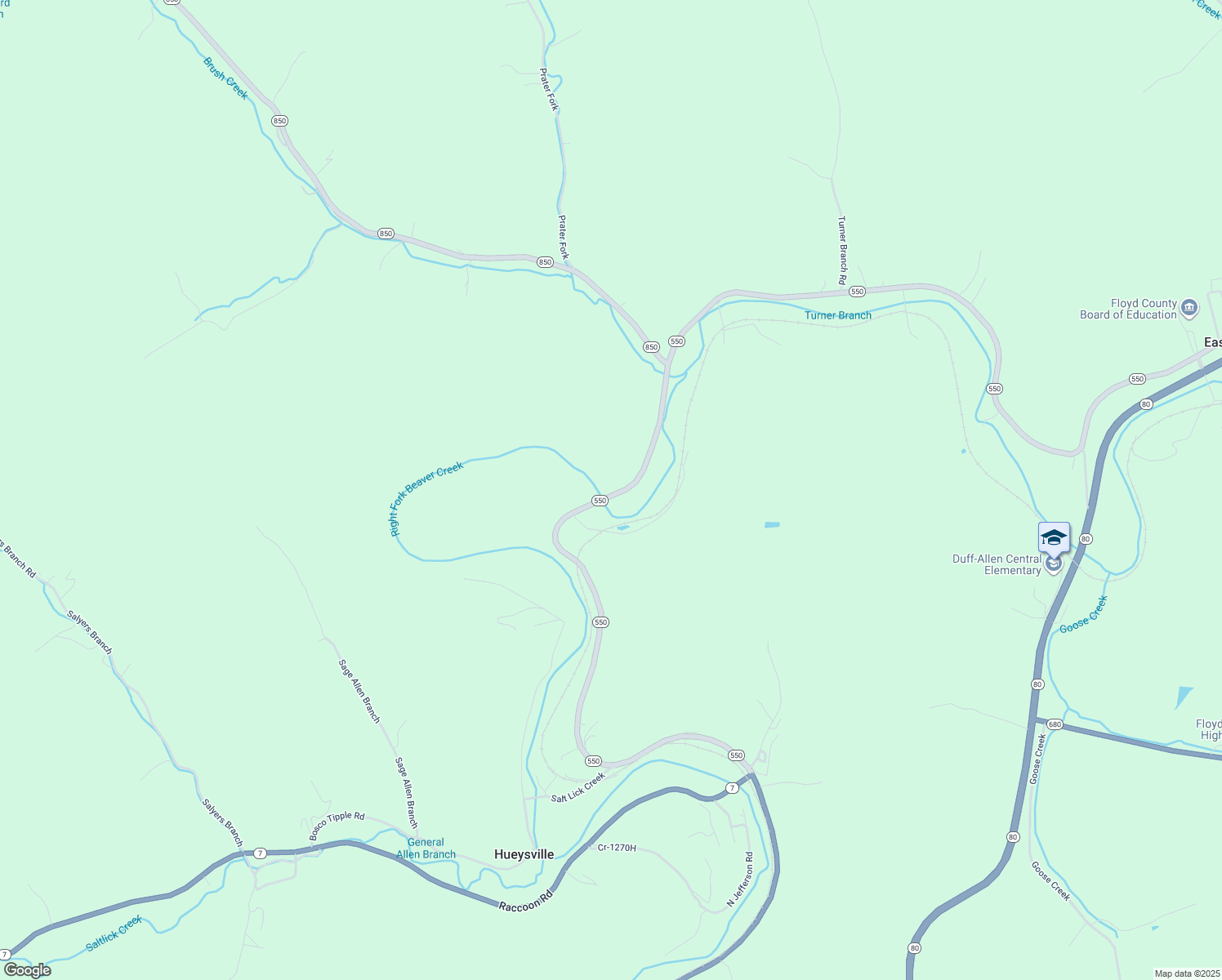 map of restaurants, bars, coffee shops, grocery stores, and more near 2865 Kentucky 550 in Prestonsburg