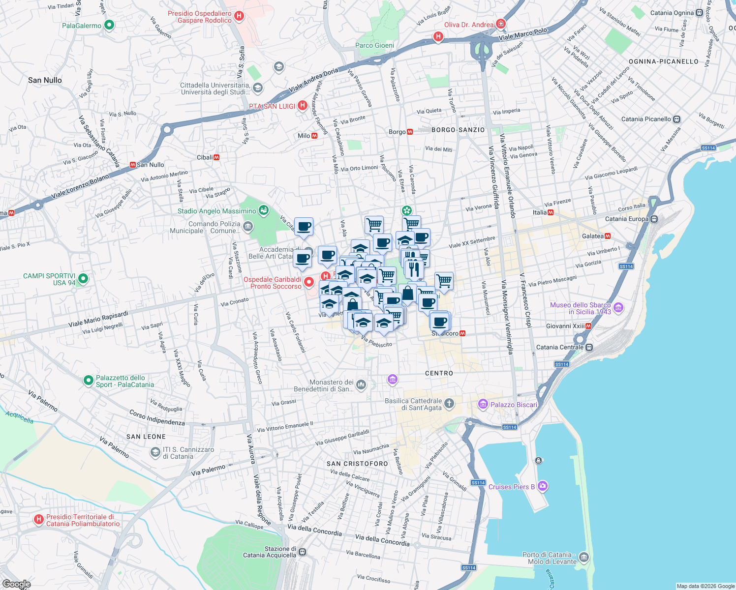 map of restaurants, bars, coffee shops, grocery stores, and more near 52 Via Androne in Catania